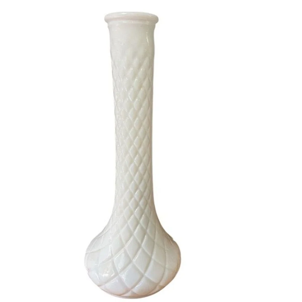 Hoosier Vintage White Milk Glass Bud Vase Diamond Quilted Pattern